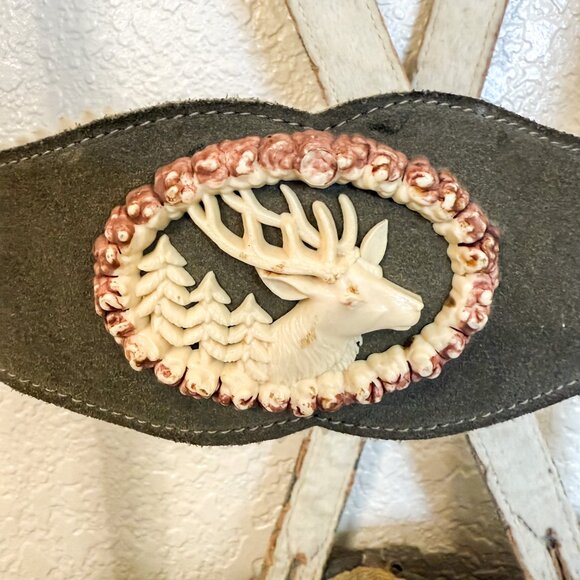 Vintage Green Suede Lederhosen Deer Crest Women's Oktoberfest Folk Costume - Picture 4 of 11